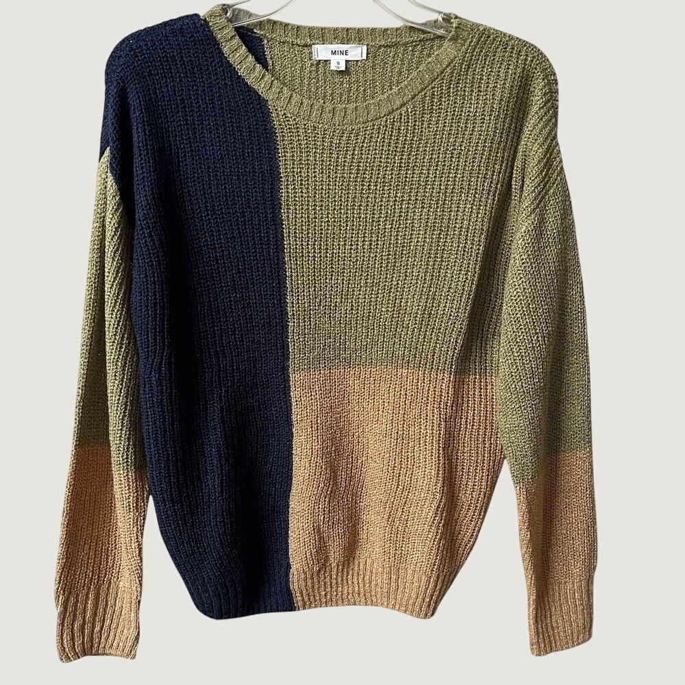 Mine Colorblock Crewneck Pullover Knit Sweater Womens Small Olive Green Navy